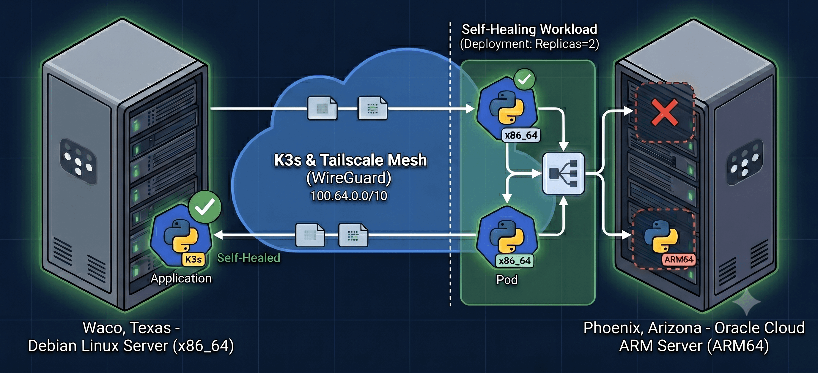 A technical architecture diagram of a two-node hybrid-cloud Kubernetes cluster using K3s. On the left, a server tower node is labeled 'Waco, Texas - Debian Linux Server (x86_64)'. On the right, a matching server tower node is labeled 'Phoenix, Arizona - Oracle Cloud ARM Server (ARM64)'. The two nodes are linked across a central blue cloud graphic labeled 'K3s & Tailscale Mesh (WireGuard) 100.64.0.0/10'. The diagram illustrates a self-healing application deployment (Replicas=2); one Python application pod runs smoothly on the Waco node, while a red 'X' on the Phoenix node shows a simulated pod failure, with an arrow demonstrating the automated self-healing orchestration spinning up a replacement pod across the secure mesh network.
